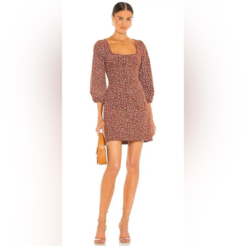 Floral Short Brown Lightweight Corduroy Dress with Long Sleeves